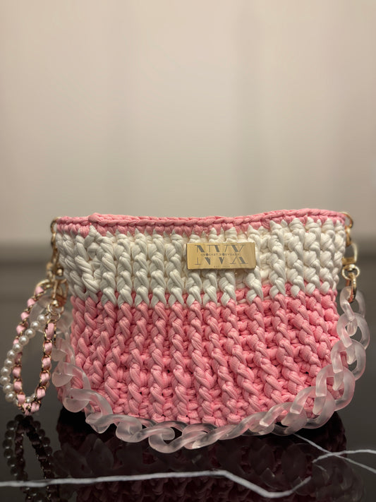 Crocheted Women's Small Pink And White Handbag With Acrylic Chain Handle and Detachable Pearl Accessories