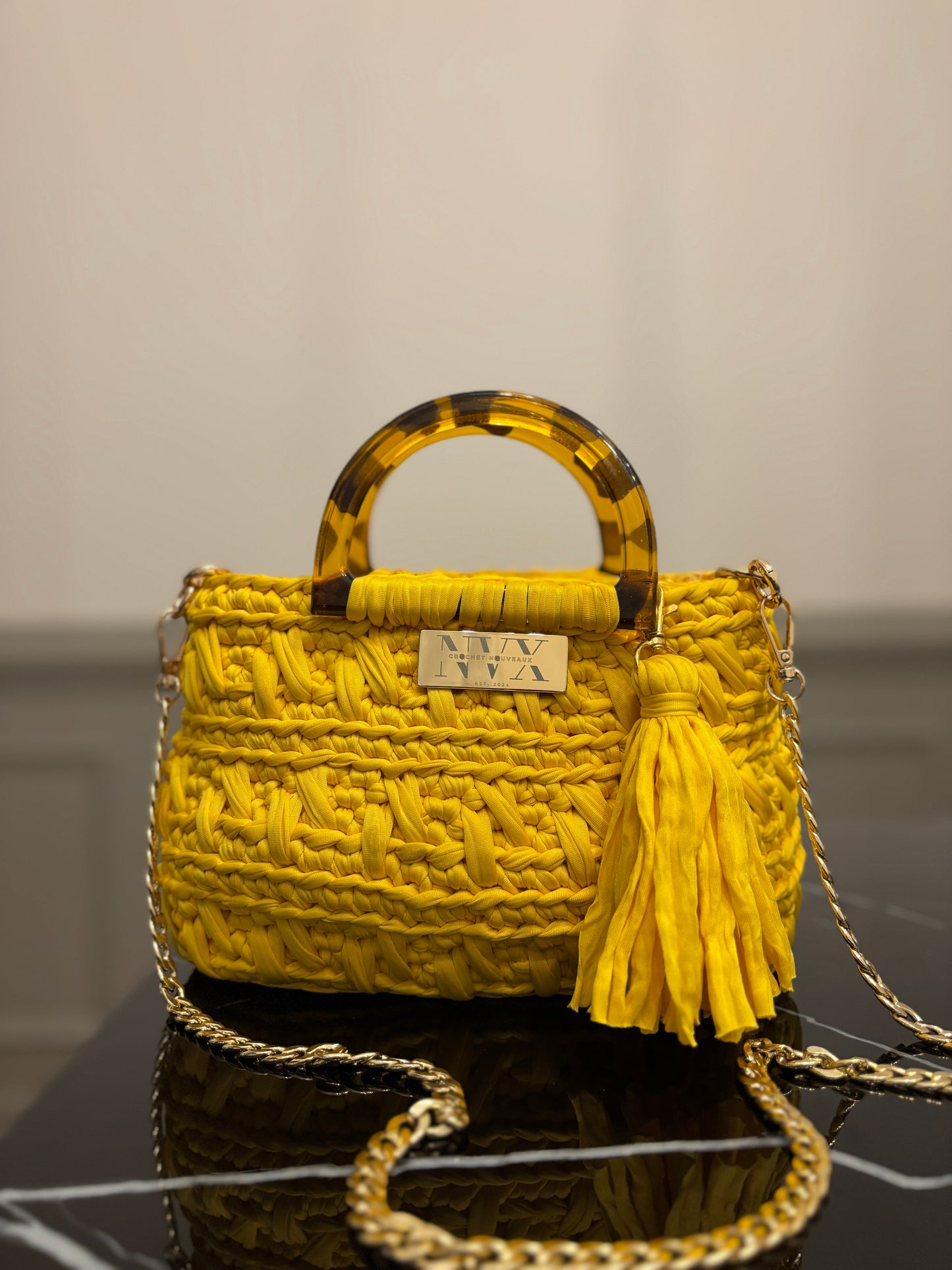 Crocheted Women's Small Yellow Handbag with Gold Shoulder Strap