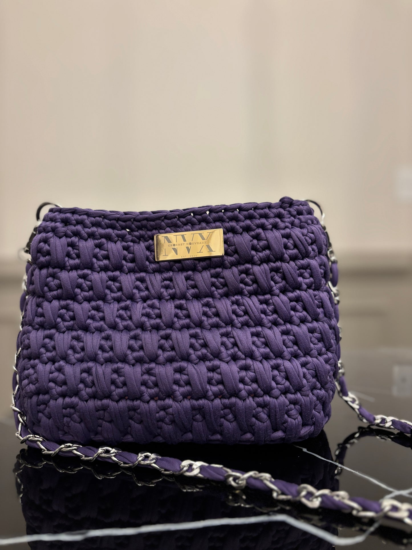 Crocheted Women's Small Purple Shoulder Bag With Silver Chain Strap