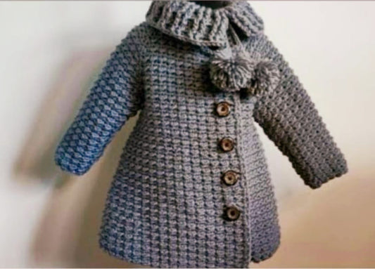 Handmade Crocheted Girl's Grey Winter Coat (Ages 4 - 7) With Fold-Over Collar and Buttons