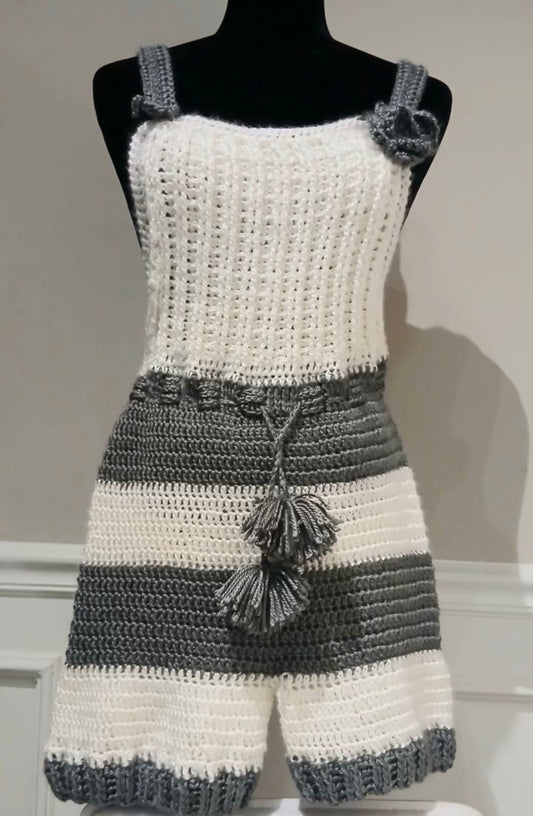 Handmade Crocheted Women's Grey and White Shortalls With Decorative Flower, Stripes, and Drawstring Belt