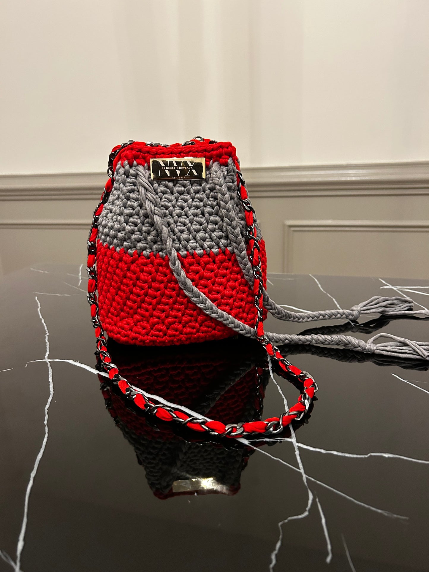 Crocheted Women's Red and Grey Bucket Bag With Silver Chain Handle