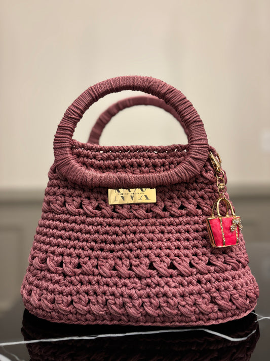 Crocheted Women's Small Pink Handbag With Detachable Charm Accessory