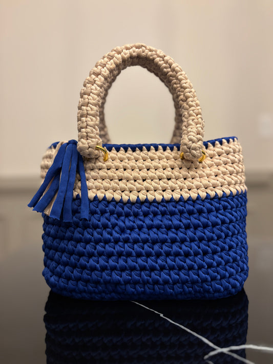 Crocheted Women's Small Blue and Beige Handbag