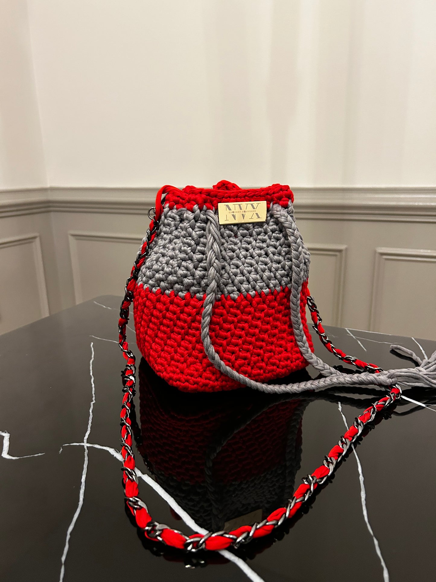 Crocheted Women's Red and Grey Bucket Bag With Silver Chain Handle