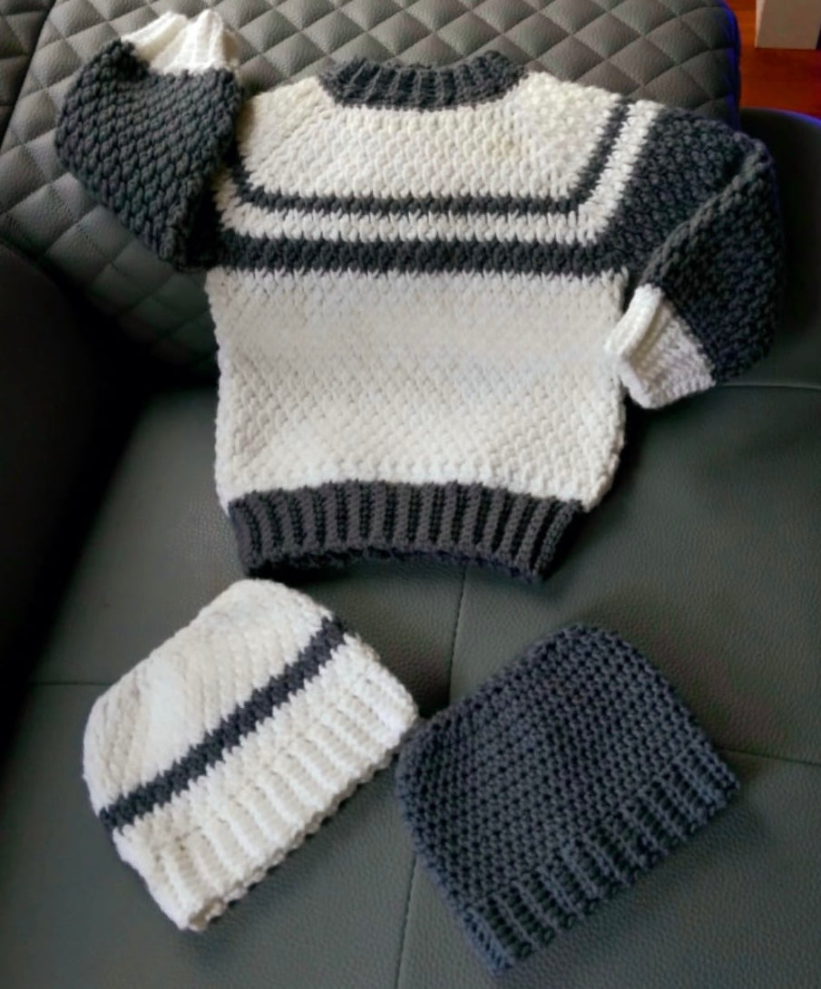 Handmade Crocheted Boy's Grey and White Sweater and Two Beanies Set