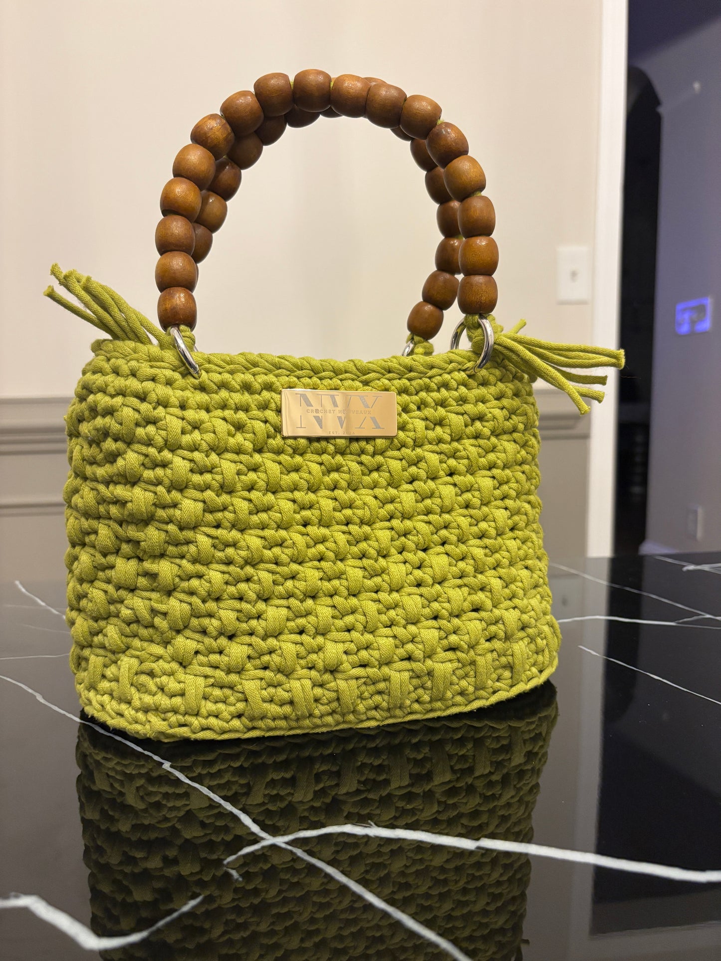 Crocheted Women's Small Green Handbag With Wooden Bead Handle