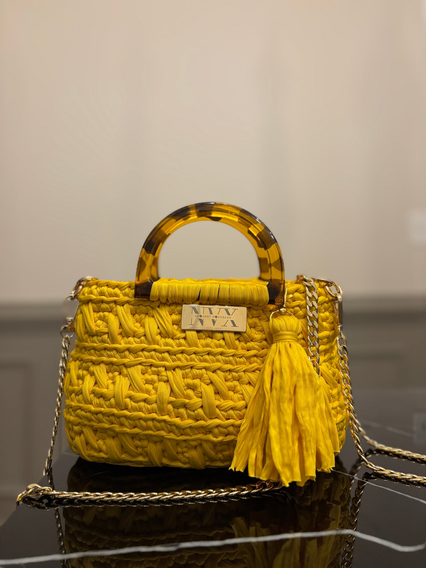 Crocheted Women's Small Yellow Handbag with Gold Shoulder Strap