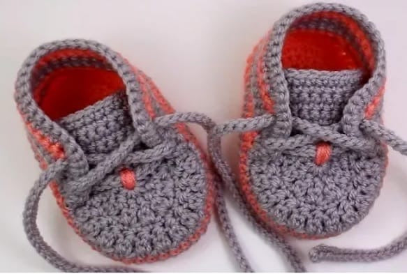 Handmade Crocheted Baby Boy's Red and Grey Lace-Up Shoes