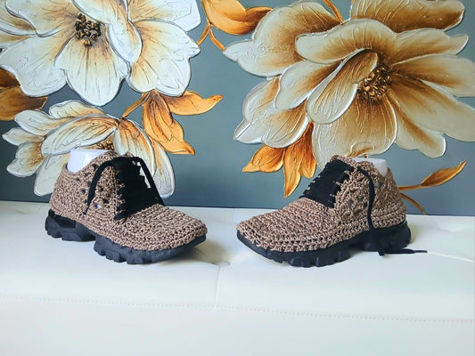 Handmade Crocheted Women's Brown Sneaker