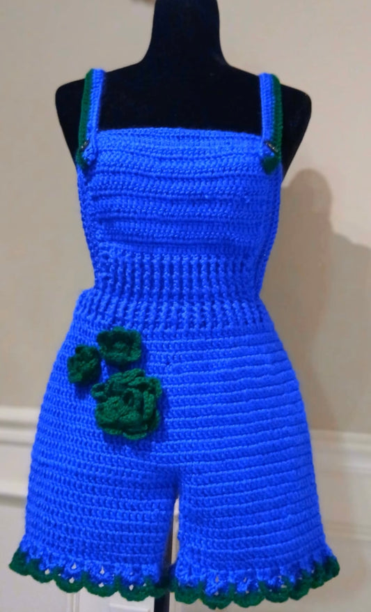 Handmade Crocheted Teen Girls' Blue and Green Shortalls With Decorative Flowers and Ruffled Hem