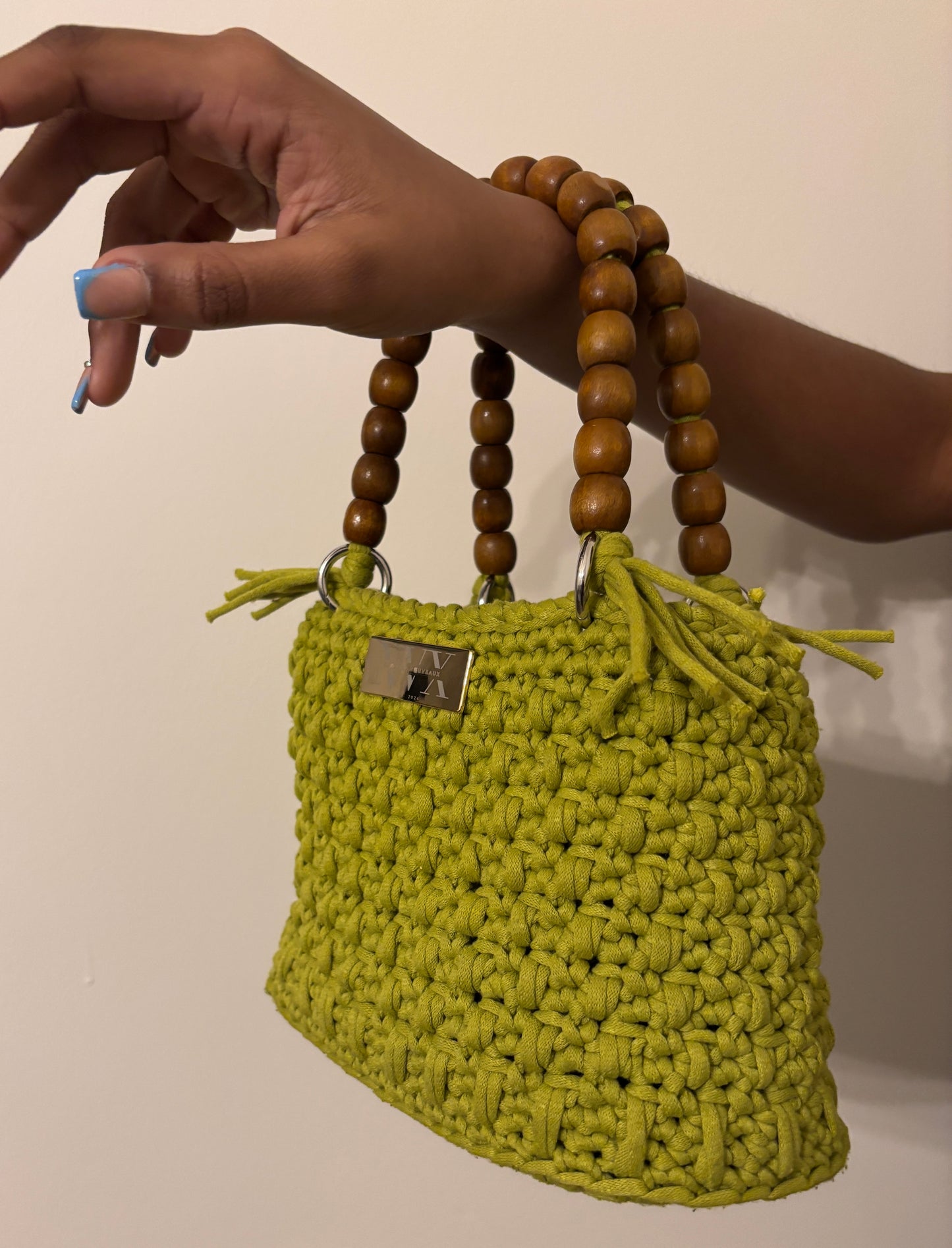 Crocheted Women's Small Green Handbag With Wooden Bead Handle