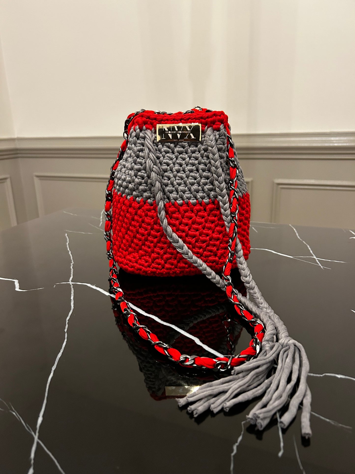 Crocheted Women's Red and Grey Bucket Bag With Silver Chain Handle