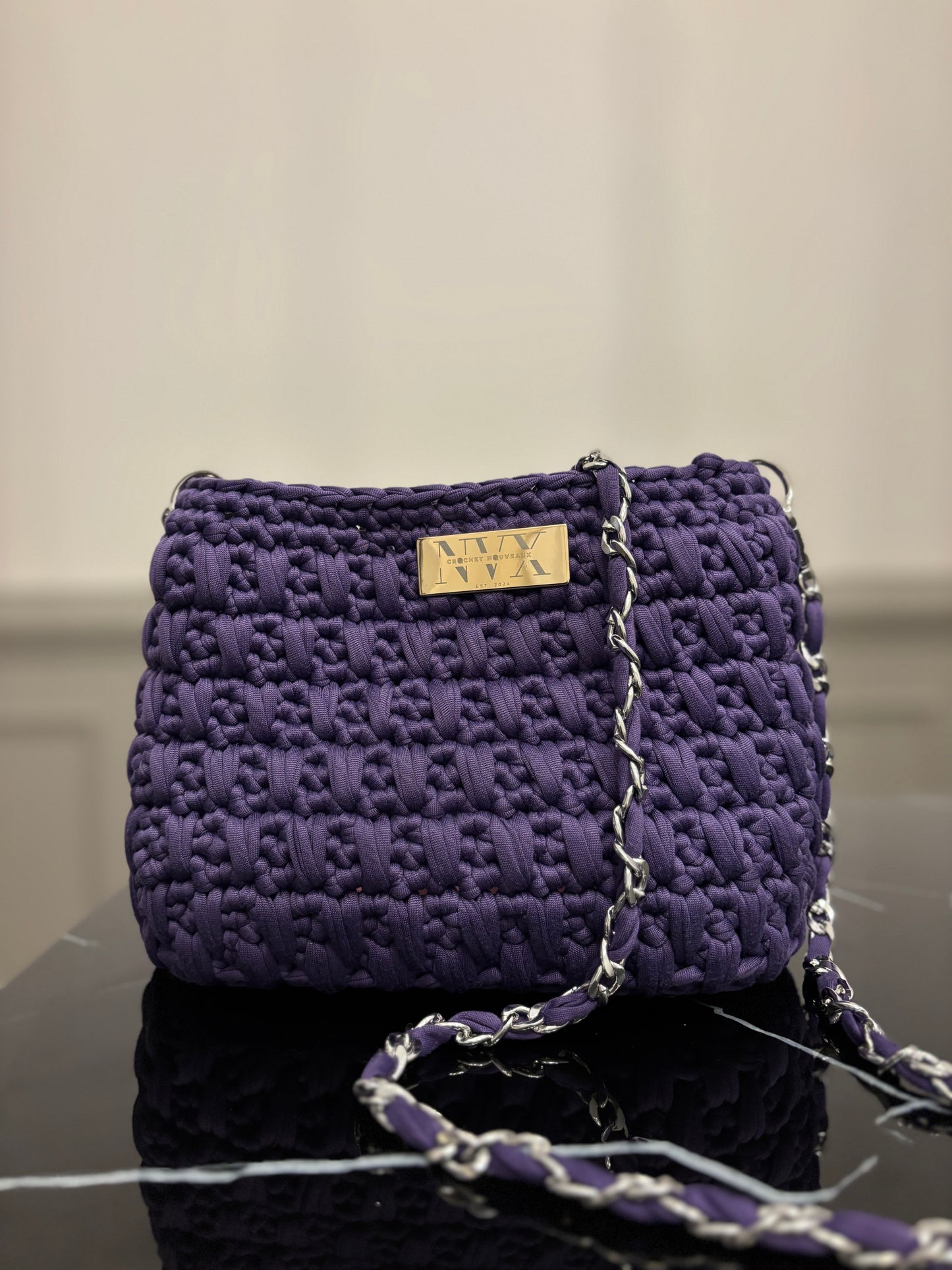 Crocheted Women's Small Purple Shoulder Bag With Silver Chain Strap