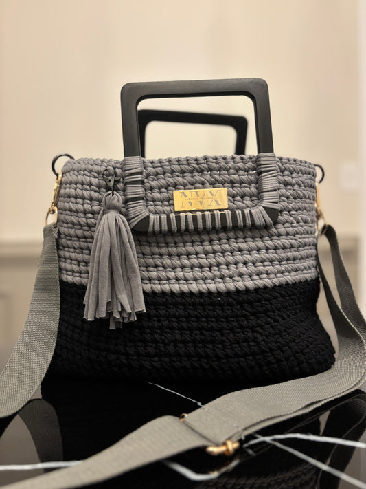 Handmade Crocheted Gray and Black Large Women's Tote Bag With Shoulder Strap and Wooden Handles