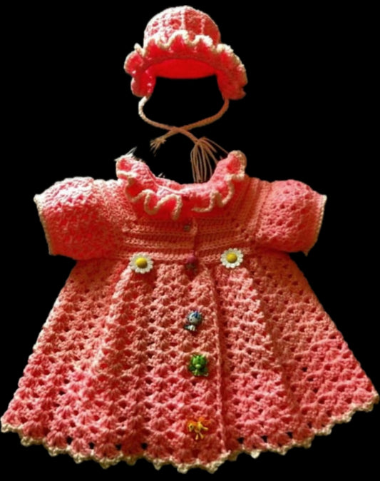 Handmade Crocheted Baby Girls' Pink Hat and Dress 2 Piece Set With Buttons