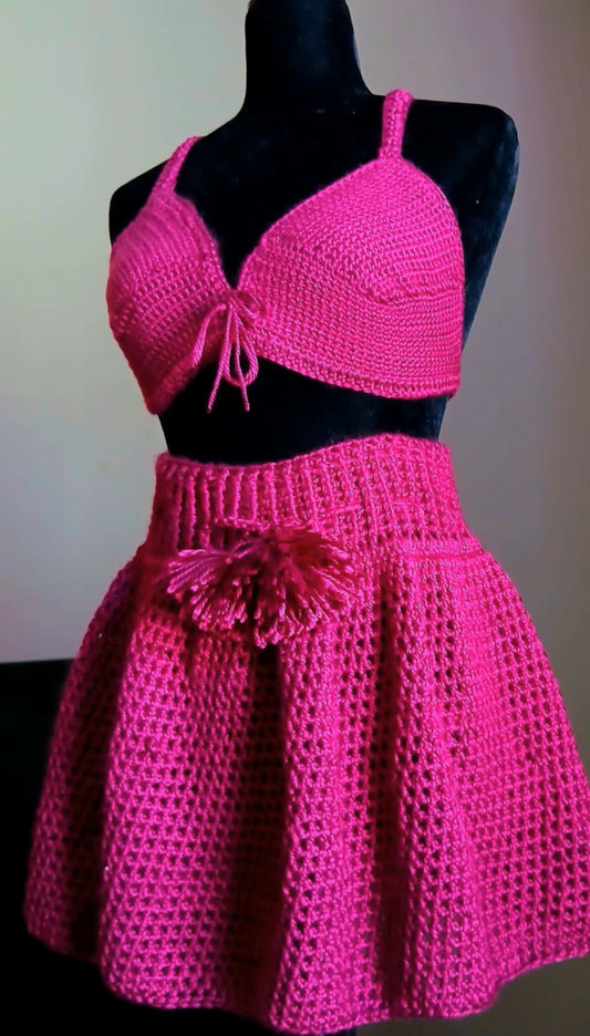 Handmade Crocheted Women's Pink 2 Piece Skirt and Bralette Set