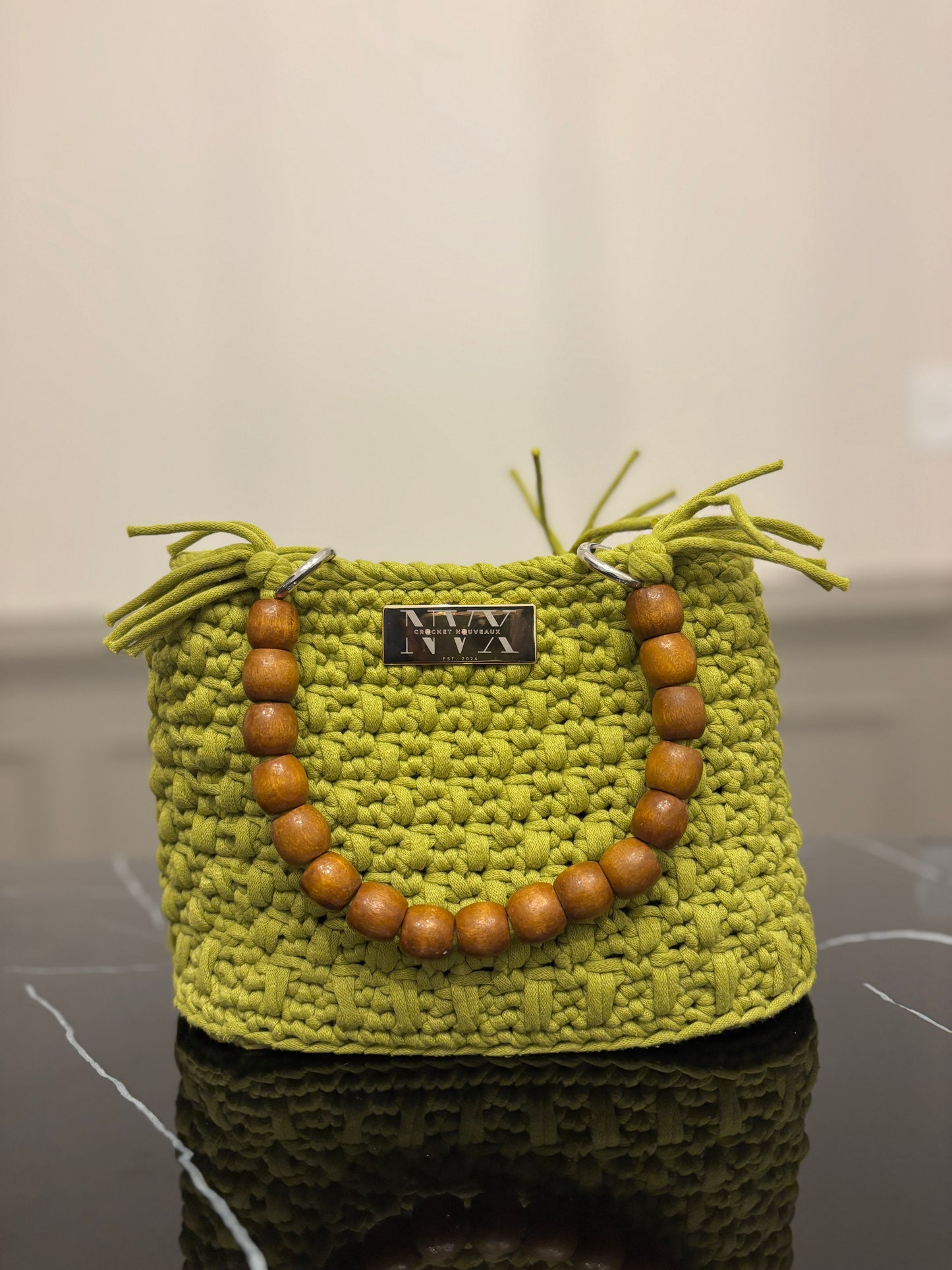 Crocheted Women's Small Green Handbag With Wooden Bead Handle