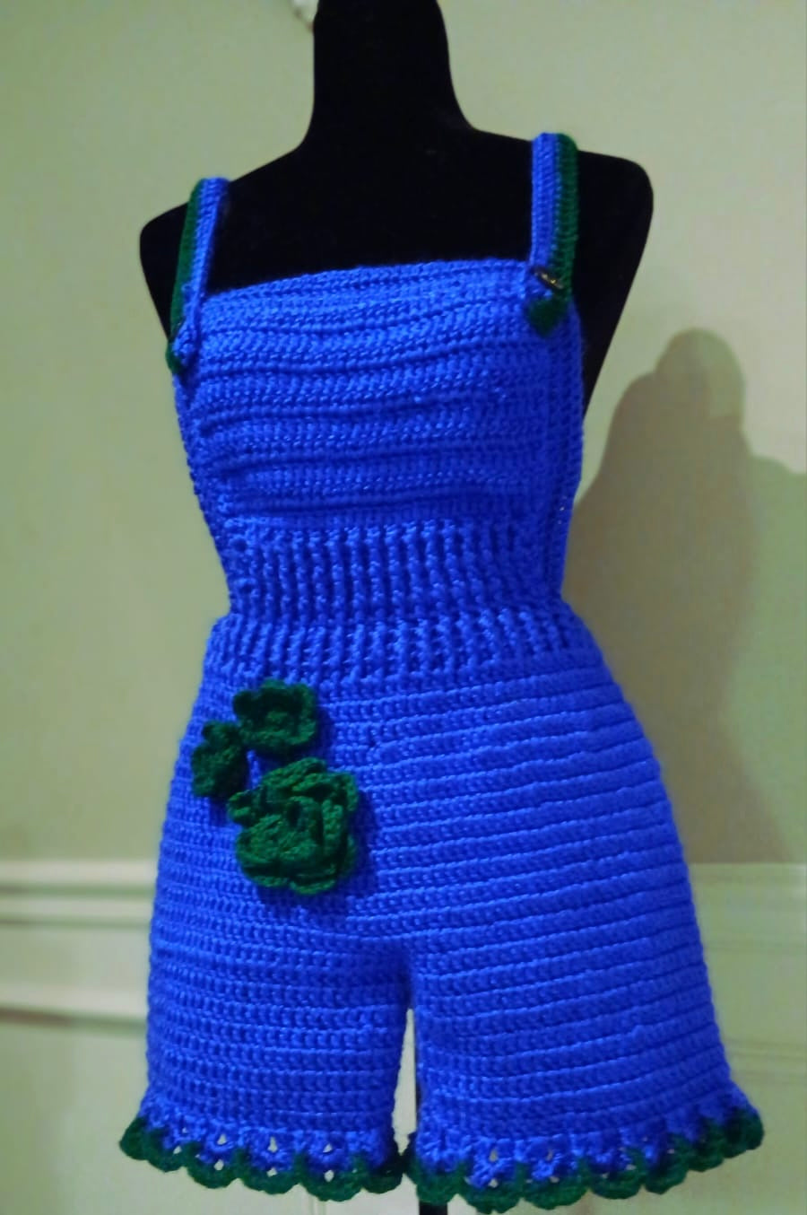 Handmade Crocheted Teen Girls' Blue and Green Shortalls With Decorative Flowers and Ruffled Hem