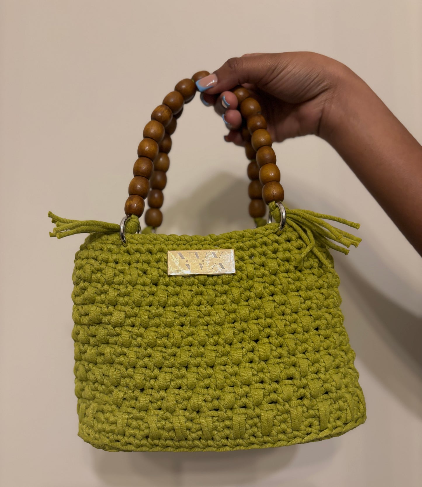 Crocheted Women's Small Green Handbag With Wooden Bead Handle