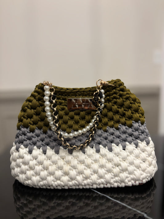 Crocheted Women's Small Multicolor Handbag With Pearl and Chain Dual Handle