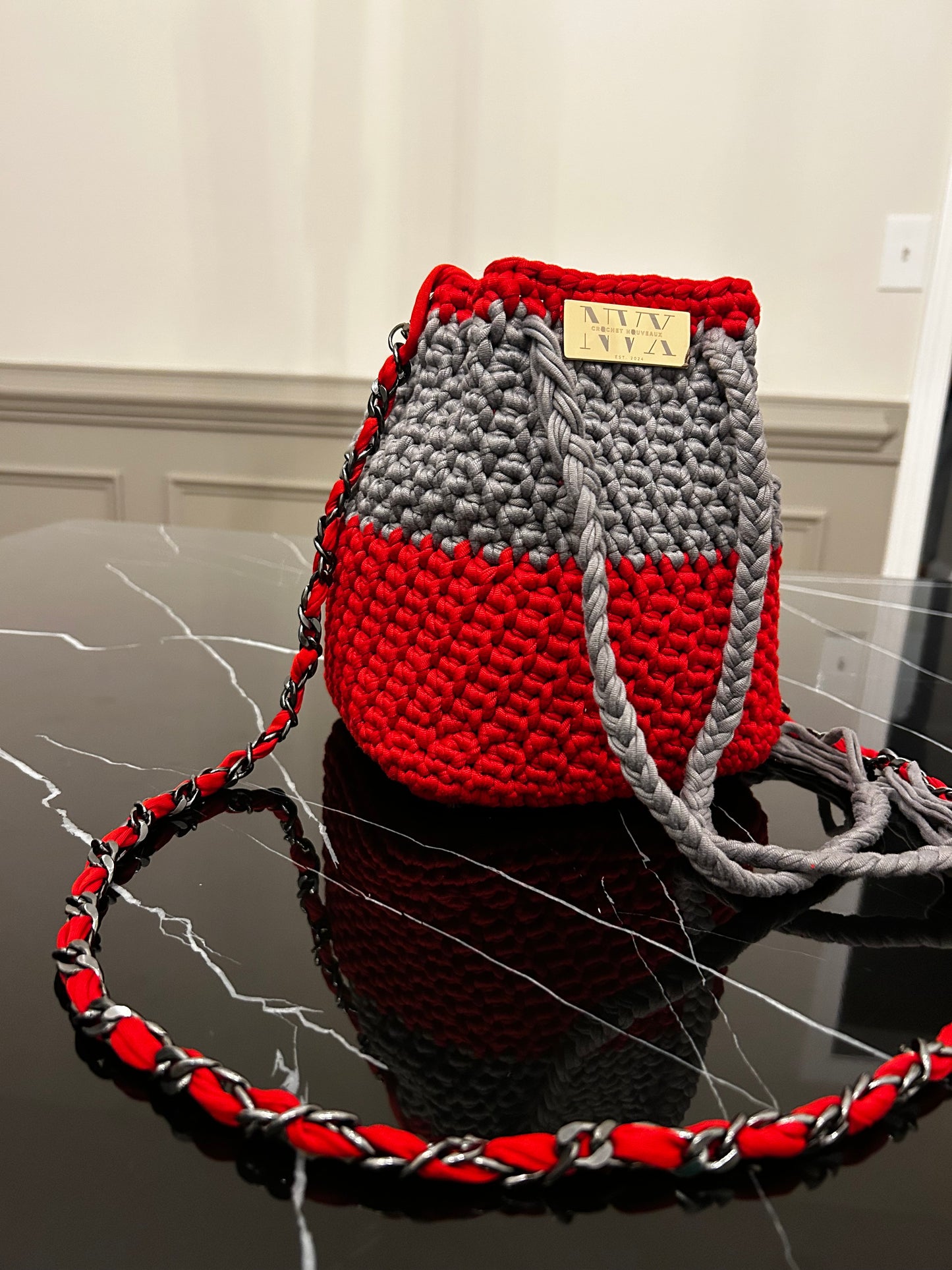 Crocheted Women's Red and Grey Bucket Bag With Silver Chain Handle