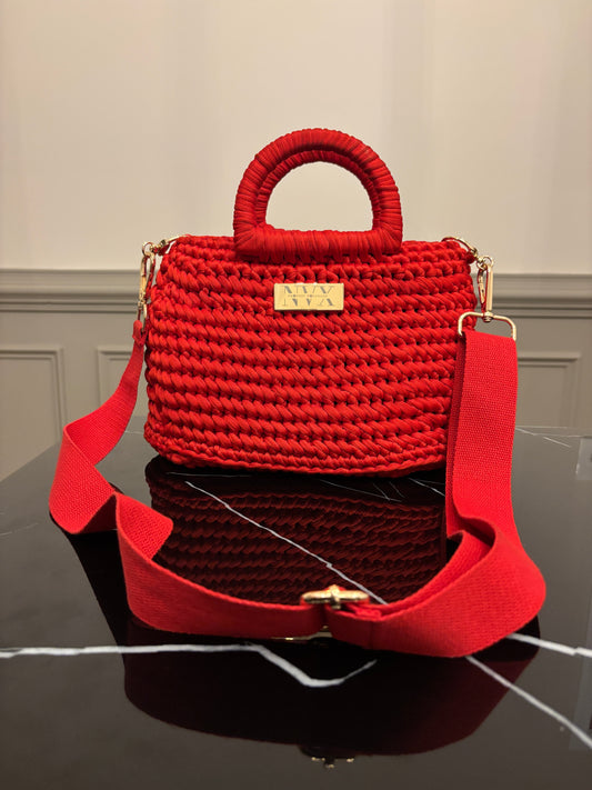 Crocheted Women's Medium-Sized Red Handbag with Shoulder Strap