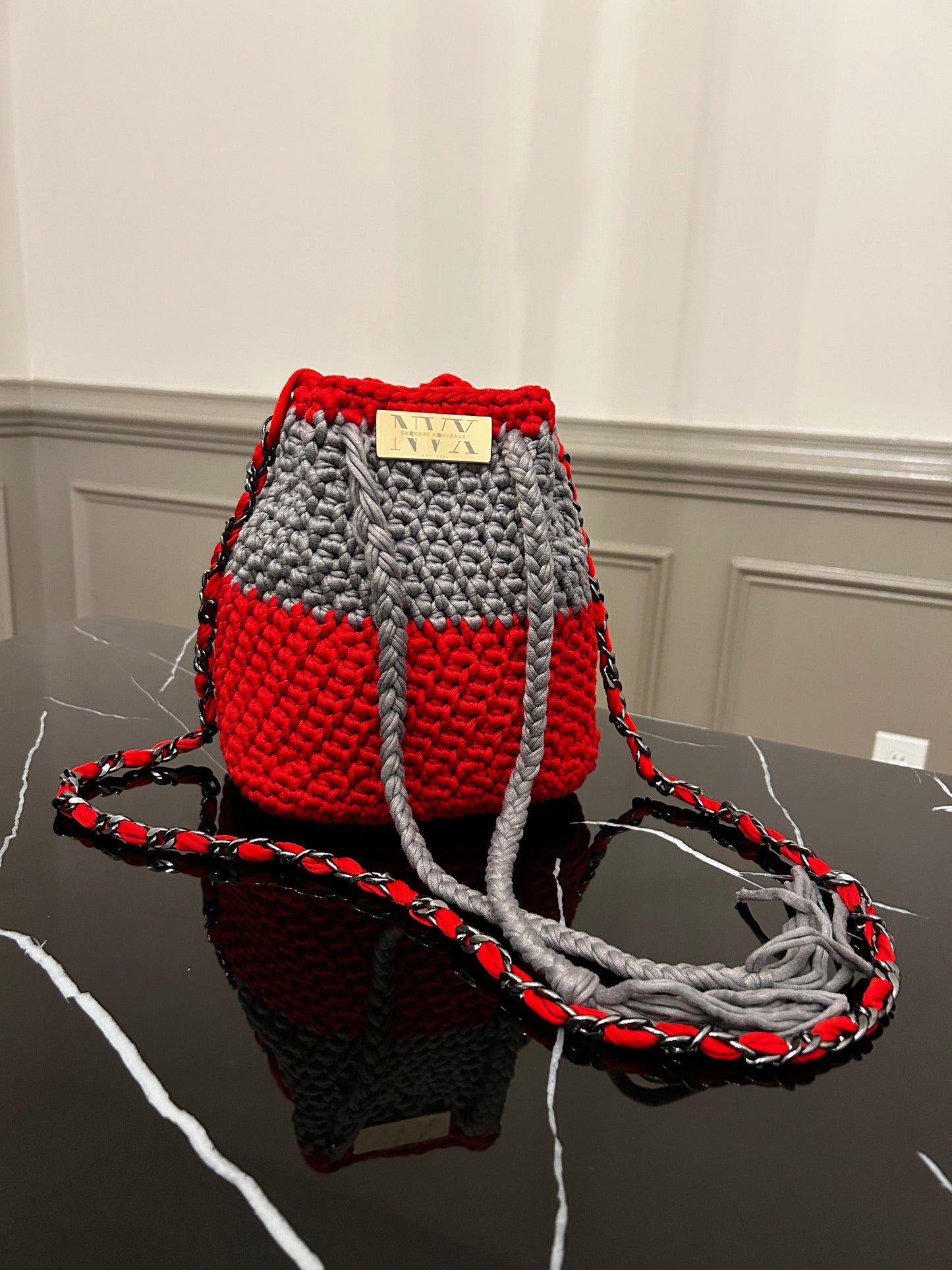 Crocheted Women's Red and Grey Bucket Bag With Silver Chain Handle