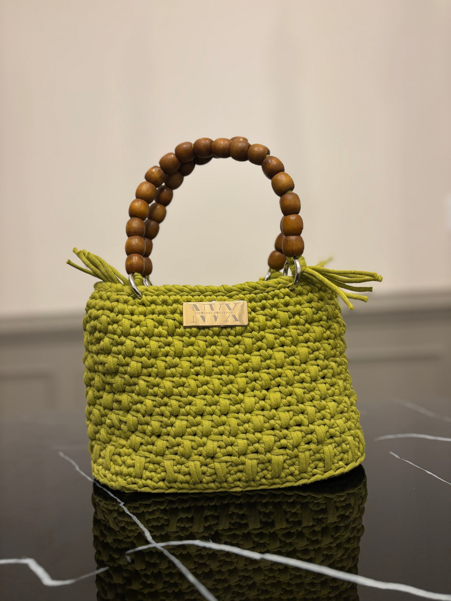 Crocheted Women's Small Green Handbag With Wooden Bead Handle