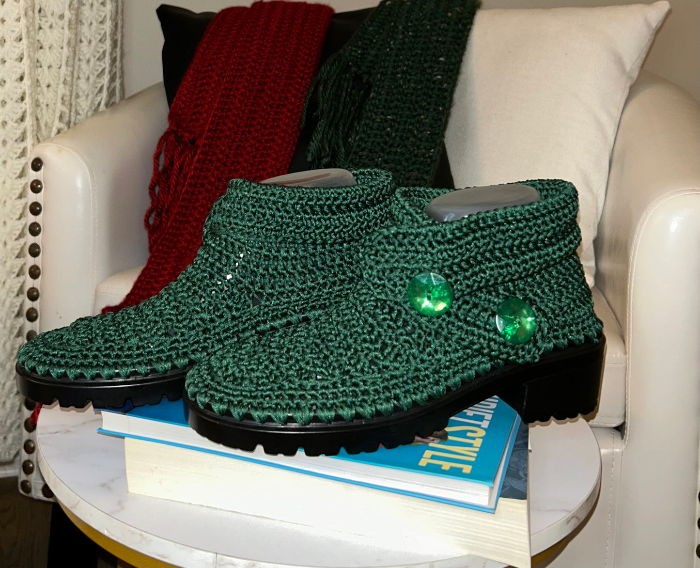 Handmade Crocheted Women's Green Ankle Boot With Buttons